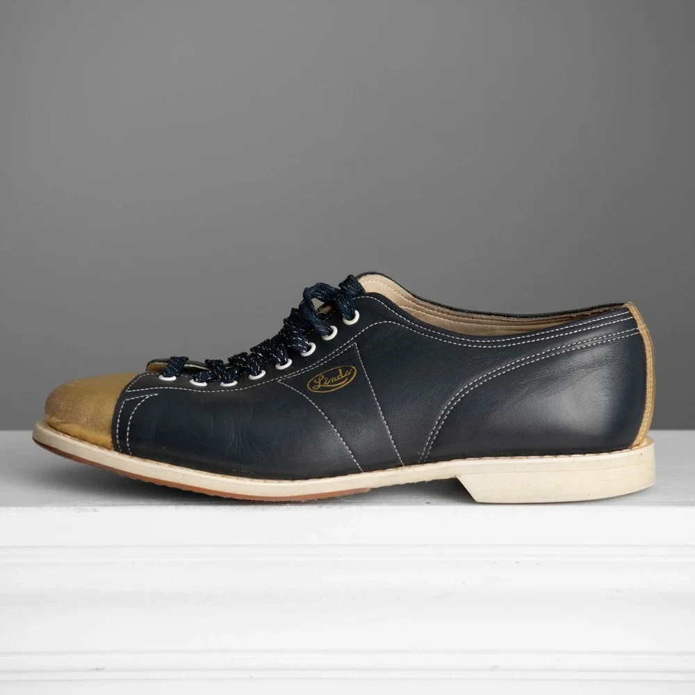 Linds Vintage Bowling Shoes Mens 10.5 Navy Blue Gold Metallic Leather Retro 50s